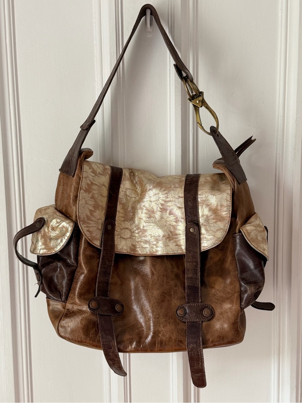 Cervato Distressed Brown Leather Satchel Shoulder Bag Metallic Gold Flower Flap